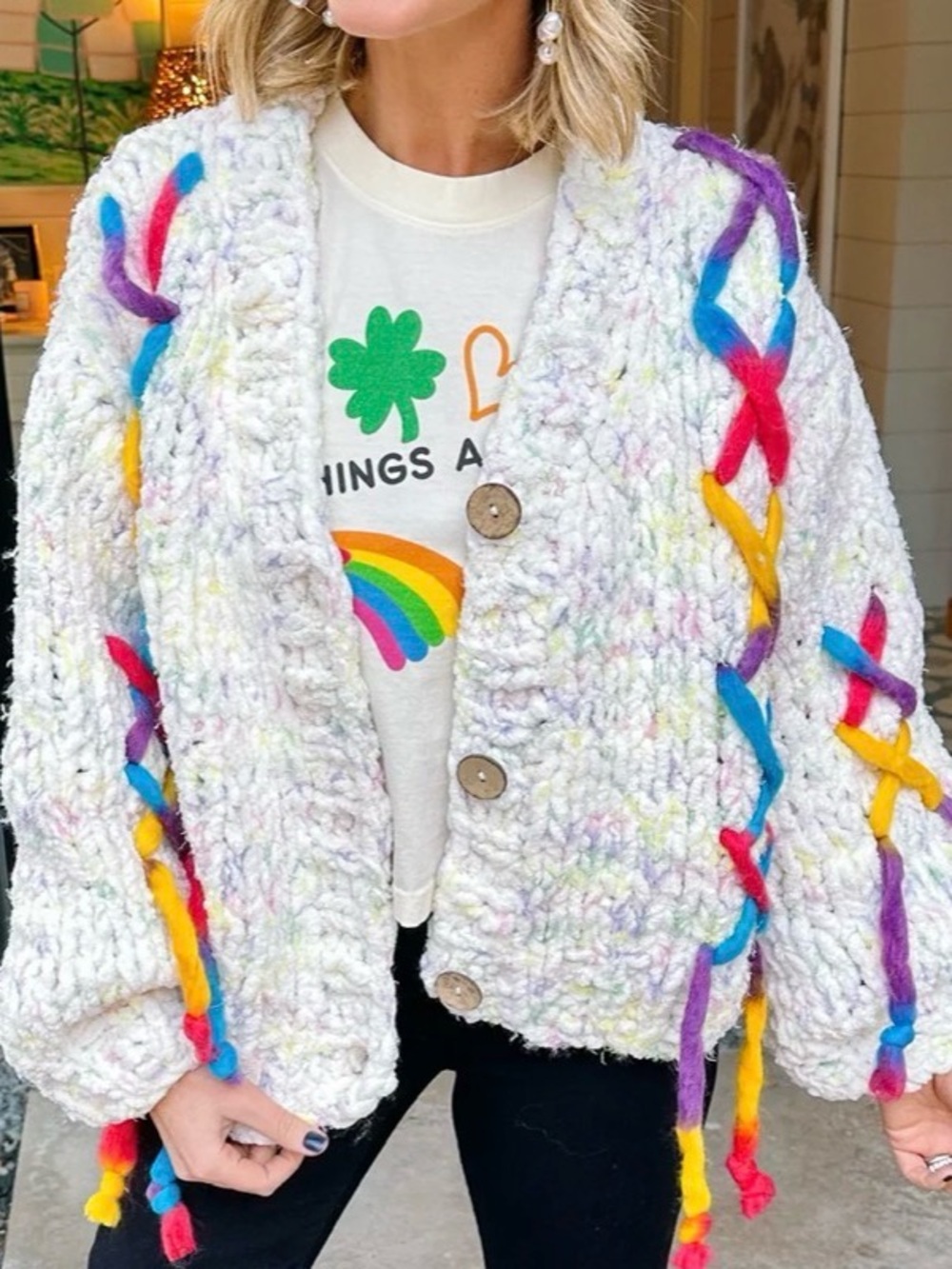POL Chunky White Pop-Color Fringe Cardigan - Picture 2 of 3